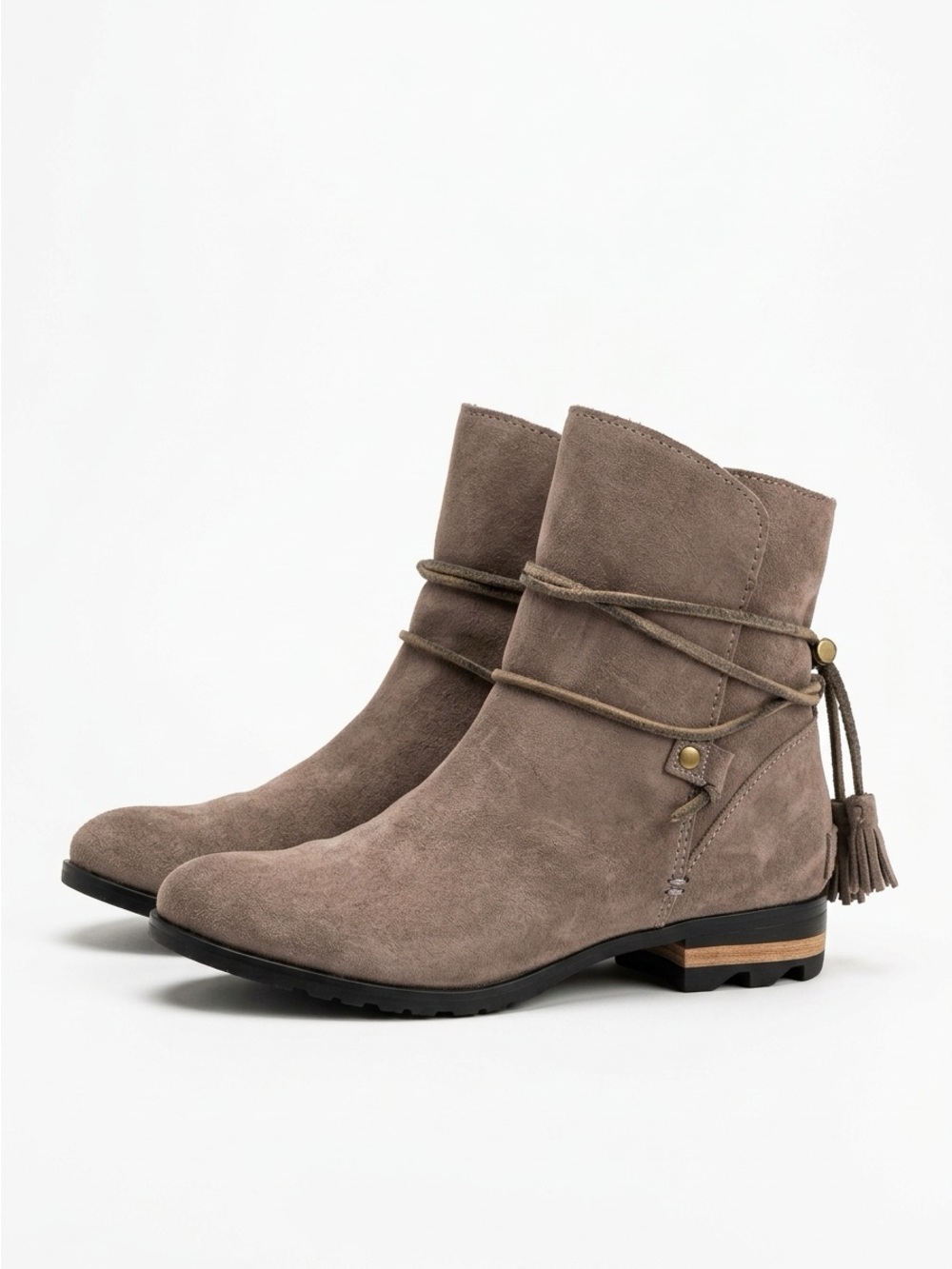 Sorel Farah Short Ankle Boots Wrap Tie Tassel Suede Taupe Grey Size 8.5